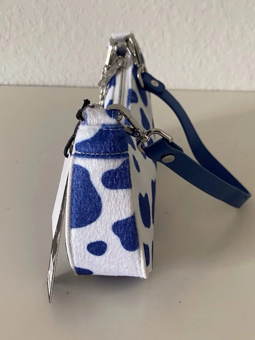 Von Dutch Vegan Pony Hair Blue Cow‎ Print Shoulder Bag W/Charms NEW